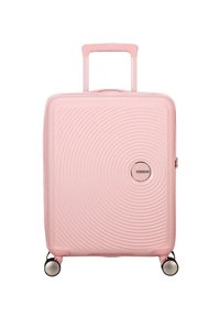 Valigia rigida rosa con motivo a onde, manico telescopico e quattro ruote piroettanti. Presenta un logo rotondo sul frontale.