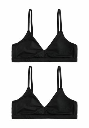 Čierny trojuholníkový bralet s tenkými nastaviteľnými ramienkami, hladkým materiálom a minimalistickým dizajnom. Bez drôtikov, s bezšvovým prevedením.
