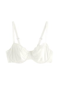 Reggiseno bianco in satin con ferretti, spalline regolabili e bordo in pizzo lungo il margine superiore delle coppe.