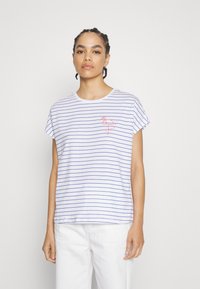 White short-sleeve T-shirt with blue stripes, featuring a small pink flamingo embroidery on the left chest. Soft cotton fabric.