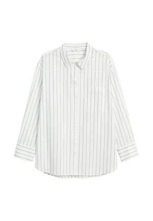 Weißes Langarmhemd mit schmalen grauen vertikalen Streifen, Knopfleiste, Kragen und Brusttasche auf der linken Seite. Der Stoff wirkt glatt und leicht.