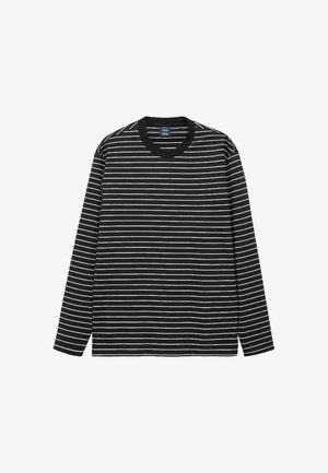 Long-sleeve black and white striped t-shirt made of soft cotton. Features a round neck and contrasting black ribbed collar.