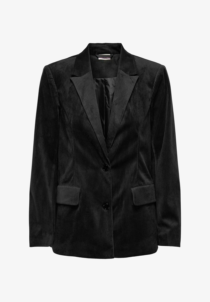 Blazer en velours côtelé noir avec revers crantés, deux boutons et poches à rabat à l’avant, présenté sur fond blanc.