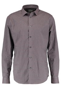 Camicia a maniche lunghe con motivo a quadri di piccole dimensioni in bordeaux e bianco, caratterizzata da un colletto classico e polsi abbottonati.