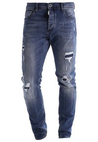Modré džíny z denimu s těsným střihem, s poškozenými detaily, několika roztrženími a vybledlým vzhledem. Klasický design s pěti kapsami a poutky na opasek.
