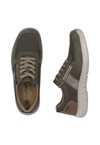 Men's sneakers in olive green with mesh and suede materials, featuring laces, a side zipper, and a textured rubber sole.