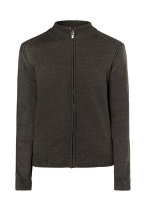 Donkergrijze ritssluiting cardigan met hoge kraag, geribbelde mouwen en zoom, gemaakt van gestructureerde gebreide stof, met een centrale ritssluiting.