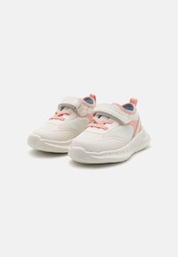 Sneakers in white and soft pink, featuring mesh material, a padded collar, adjustable Velcro strap, and textured rubber sole.