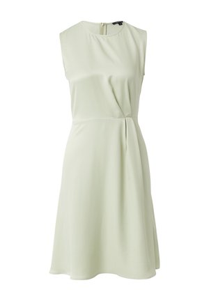 Hellgrünes ärmelloses Kleid mit einem taillierten Oberteil, Faltendetails an der Taille und einem sanften A-Linien-Rock. Glatte Textur, Reißverschluss hinten.