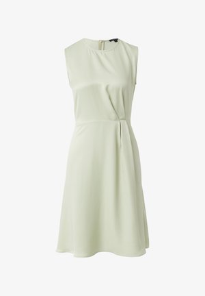 Hellgrünes ärmelloses Kleid mit einem taillierten Oberteil, Faltendetails an der Taille und einem sanften A-Linien-Rock. Glatte Textur, Reißverschluss hinten.