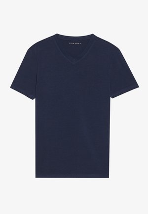 T-shirt a V blu navy realizzata in morbido cotone, con maniche corte e un design classico e semplice, privo di motivi o decorazioni.