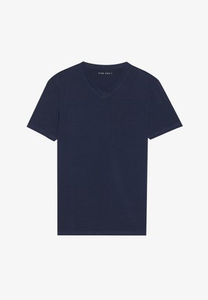 T-shirt a V blu navy realizzata in morbido cotone, con maniche corte e un design classico e semplice, privo di motivi o decorazioni.