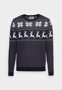 Námořnicky modrý pletený svetr s bílými vzory sobů a sněhových vloček. Má kulatý výstřih a žebrované manžety pro texturovaný vzhled.