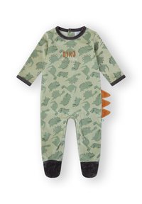 Body para bebé verde con puños oscuros, estampado de dinosaurio, picos de tela naranja en la espalda y texto "Dino were different" en el pecho.