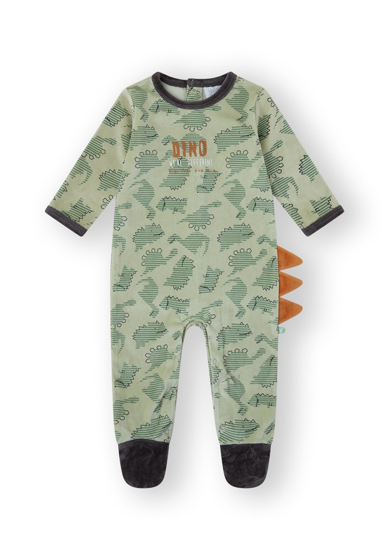 Body para bebé verde con puños oscuros, estampado de dinosaurio, picos de tela naranja en la espalda y texto "Dino were different" en el pecho.