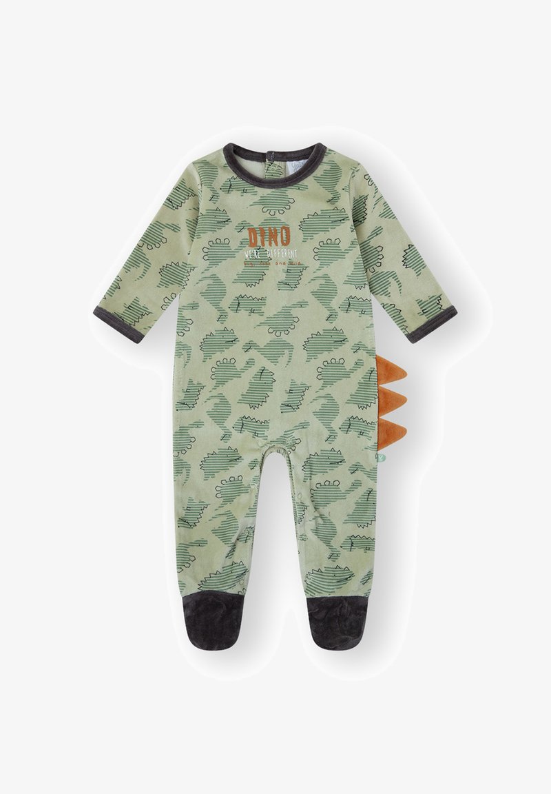 Body para bebé verde con puños oscuros, estampado de dinosaurio, picos de tela naranja en la espalda y texto "Dino were different" en el pecho.