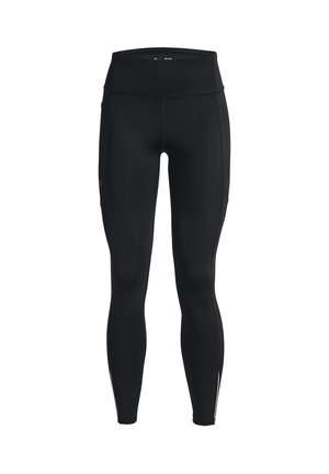 Zwarte atletische legging met hoge taille, een aansluitend ontwerp en reflecterende accenten bij de enkels.
