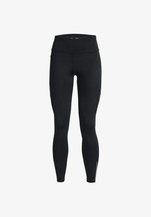 Zwarte atletische legging met hoge taille, een aansluitend ontwerp en reflecterende accenten bij de enkels.