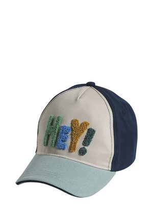 Cap baseball cap with beige front, teal brim, navy sides, and "Hey!" in multicolored textured letters on front panel.