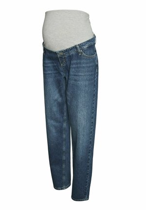 Modre kavbojke za nosečnice z sivo raztegljivo pasom. Imajo klasičen pet-džepni dizajn in ravne hlačnice.