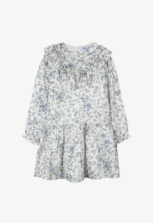 Vestido blanco de manga larga para niña con estampado floral azul y gris, cuello con volantes y cintura fruncida.