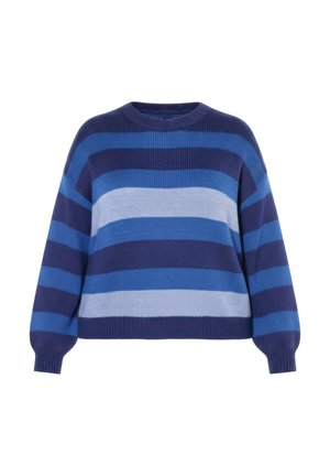 Blau gestreifter Strickpullover mit verschiedenen Blautönen, von Marineblau bis Hellblau, mit rundem Halsausschnitt und lockeren, langen Ärmeln.