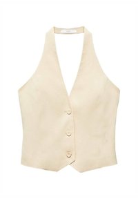 Veste beige sans manches avec un col en V profond, dotée de cinq boutons à l'avant, coupe cintrée et texture de tissu lisse.