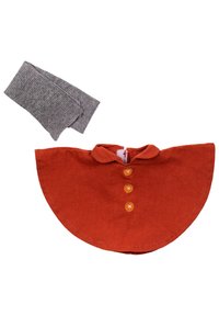 Pomarańczowy materiałowy płaszcz z zaokrąglonym dołem, czterema pomarańczowymi guzikami i szarym dzianinowym ochraniaczem na nogi. Materiał ma gładką teksturę.