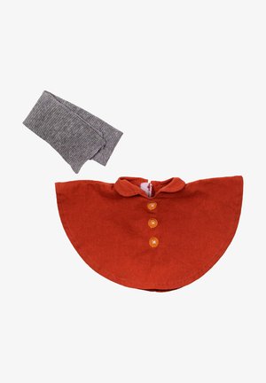 Oranje stoffen cape met een afgeronde zoom, vier oranje knopen en een grijze gebreide beenwarmer. De stof heeft een gladde textuur.