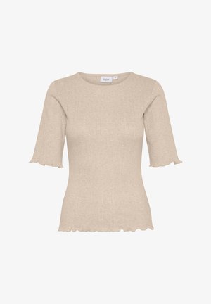 Beige kortärmad topp av stickad tyg med ribbat mönster, rund halsringning och scalloped fåll och ärmkanter.