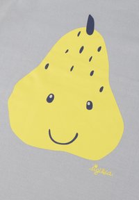 Yellow pear graphic with a smiling face, set against a grey background. Features black accents and a simple, playful design.