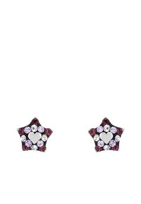 Orecchini a forma di stella con smalto nero e un intaglio a cuore, adornati con strass viola e trasparenti, che creano un design scintillante.