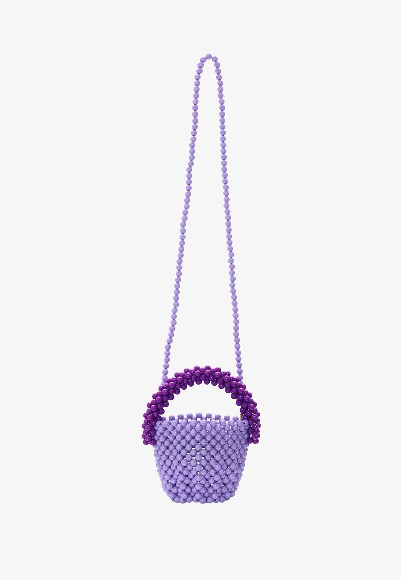 Purple bead handbag with a round purple handle. Features a structured bucket shape and a long beaded strap for carrying.