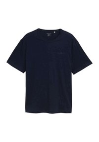 T-shirt bleu marine à manches courtes en coton, avec un col rond et un design uni comportant un logo subtil sur le devant.