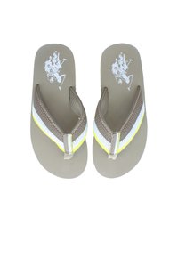 Ruske flip-flops z bež mrežasto naramnico, ki ima bele in rumene horizontalne črte; okrašeni z belim grafičnim logotipom na podplatu.
