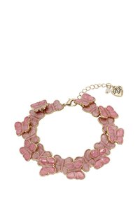 Braccialetto a forma di farfalla rosa con accenti in metallo dorato. Presenta una texture liscia e lucida e una chiusura regolabile con charm.
