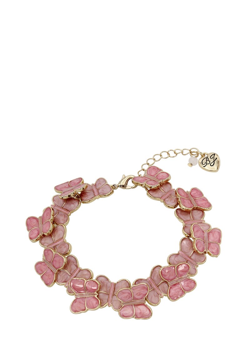 Braccialetto a forma di farfalla rosa con accenti in metallo dorato. Presenta una texture liscia e lucida e una chiusura regolabile con charm.