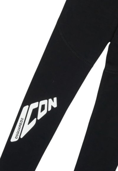 Legging noir avec un logo "DSQUARED2 ICON" blanc et des accents angulaires sur les côtés, fabriqué dans un matériau lisse et extensible.