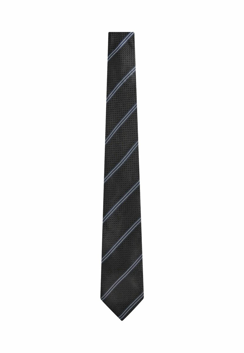 Cravatta nera con finitura testurizzata, caratterizzata da sottili strisce diagonali azzurre. Forma stretta con punta appuntita.