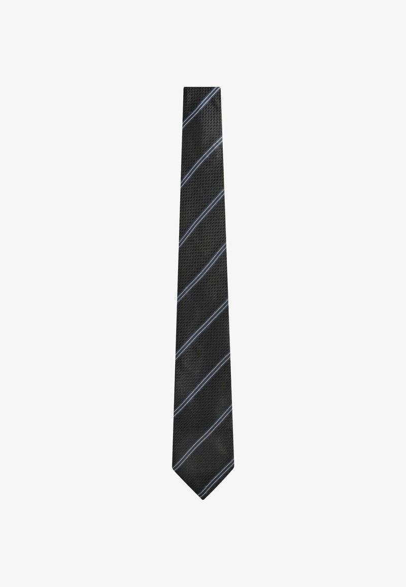 Schwarz glänzende Krawatte mit strukturiertem Finish und hellblauen diagonalen Streifen. Schmale Form mit spitzem Ende.