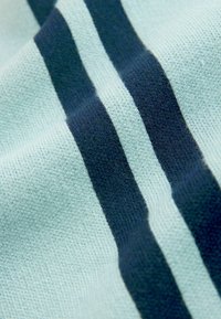 Triibuline kangas helemintrohelise taustaga ja tumedate mereväesiniste triipudega. Tekstuuriga koes on materjalile lisatud sügavust ja mõõtme.