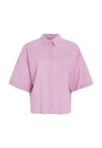Short-sleeve, collared shirt in light pink with white vertical stripes. Features buttons and a chest pocket. Lightweight fabric with a relaxed fit.