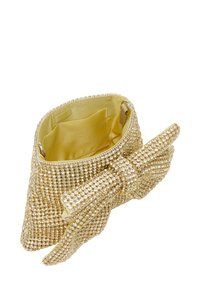 Gouden clutchtas versierd met rhinestones, met een gladde satijnen binnenkant. Inclusief een decoratieve strik en ritssluiting.