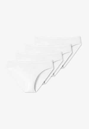 Vier paar witte katoenen slips in briefstijl met een gladde textuur en naadloze randen, uitgerust met een klassieke lage taille uitsnede.