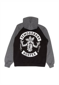Felpa nera e grigia con una stampa grafica che presenta un design di Demogorgon e il testo "CACCIA DEMOGORGON" in bianco.