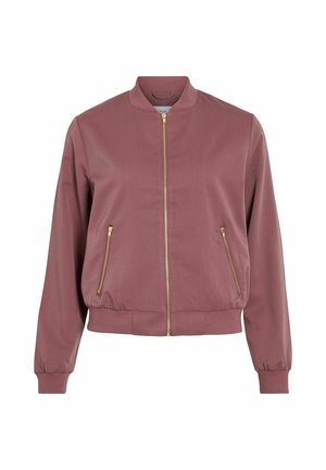 Veste bomber mauve avec col, poignets et ourlet côtelés, dotée d'une fermeture éclair sur le devant et de deux poches latérales zippées.