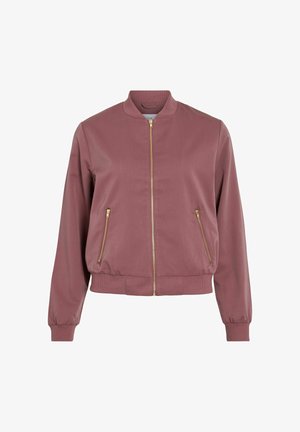 Mauve bomberjack met geribbelde kraag, mouwen en boord, voorzien van een rits aan de voorkant en twee ritszakken aan de zijkant.