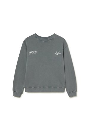 Grauer Pullover, weiches Baumwollmaterial, Rundhalsausschnitt, lange Ärmel, gerippte Bündchen und Saum, mit weißem Text und Adler-Grafik auf der Vorderseite.