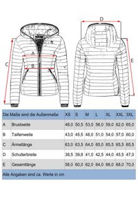 Illustration d'une veste à capuche rembourrée avec fermeture éclair, poches avant, rayures horizontales et tableau des tailles allant de XS à 3XL.