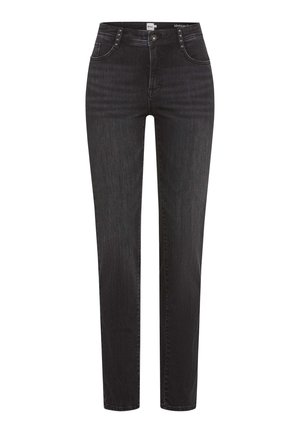Schwarze Jeans aus Denim mit geradem Schnitt, ausgestattet mit silberfarbenen Beschlägen, fünf Taschen und einer leichten Ausbleichung des Stoffes für eine strukturierte Optik.
